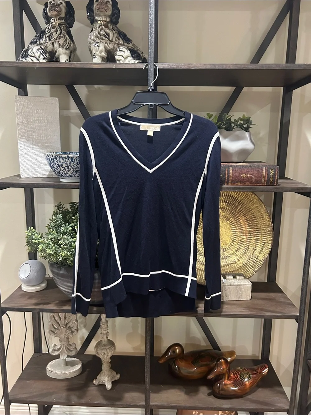 MKors XS Navy Sweater with White Trim - Women's Top